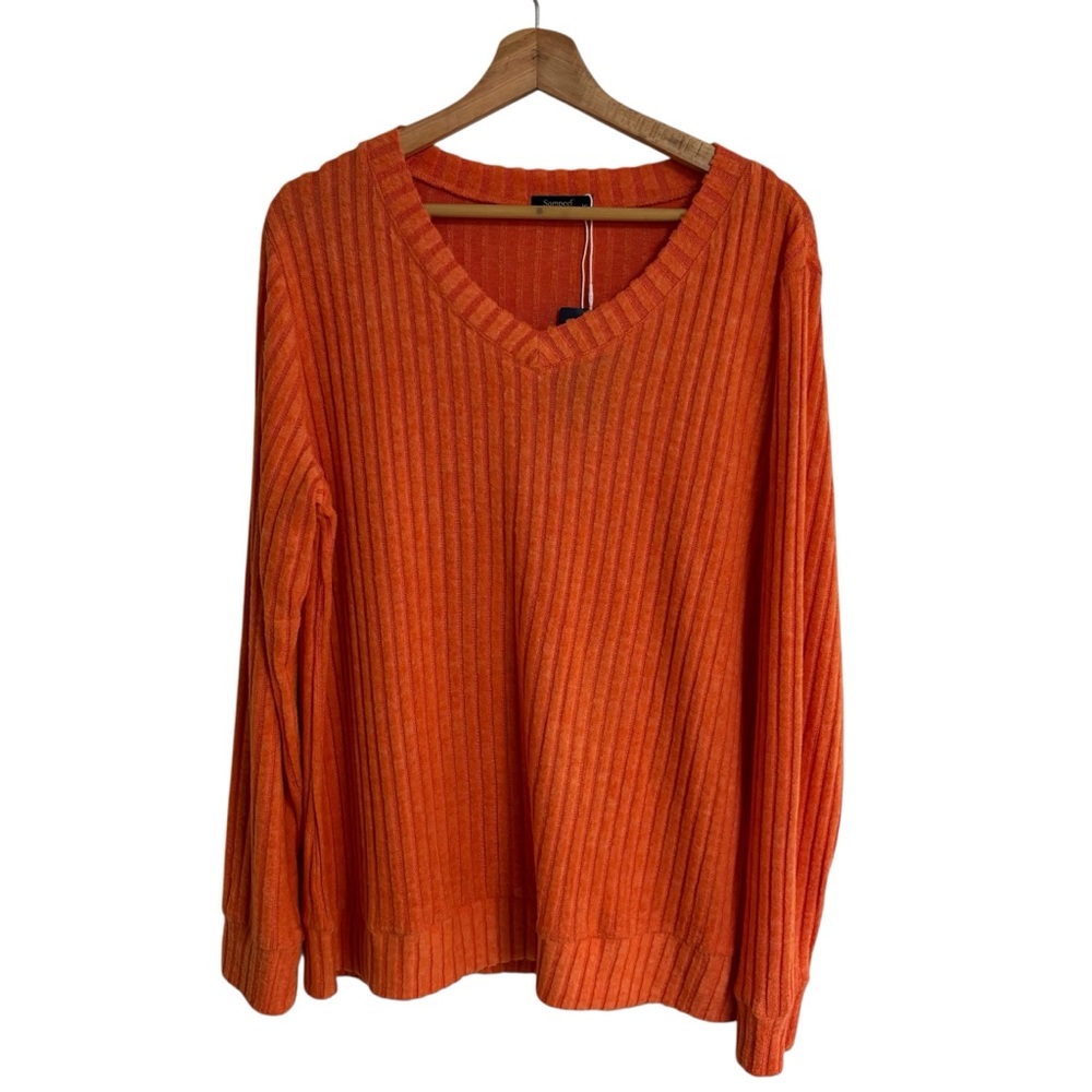 Sampeel bright orange ribbed super soft cozy basic V neck long sleeve shirt XL